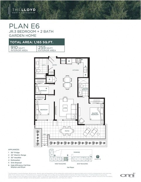 Floor plan for 3 beds, 2 baths, 909 sqft